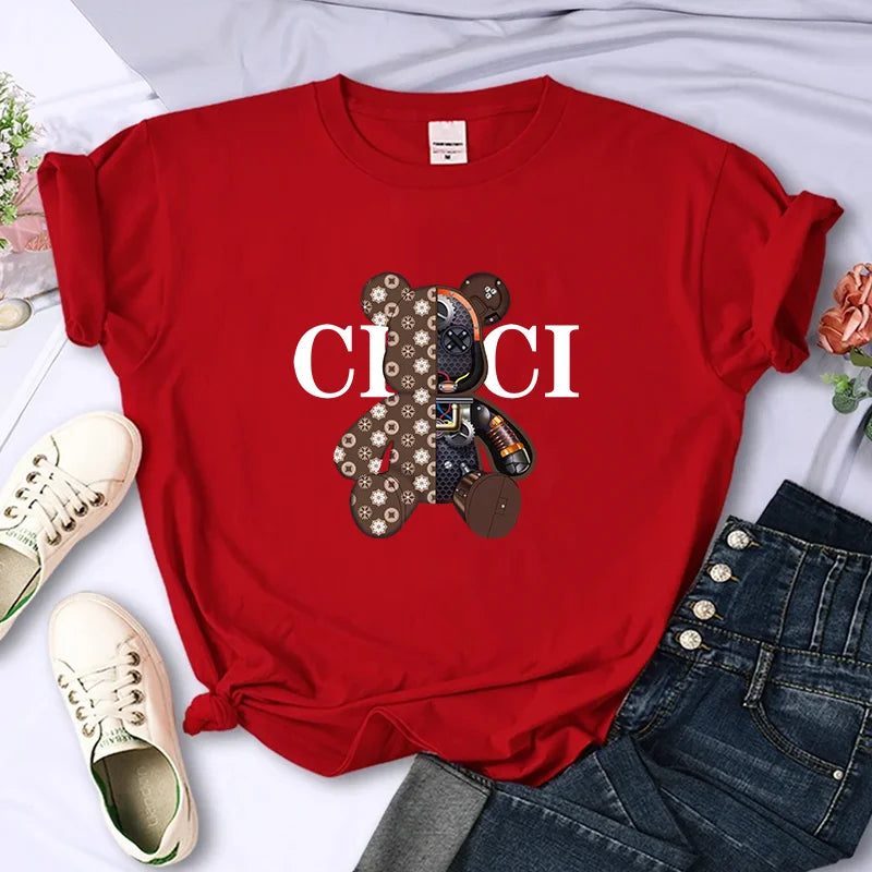 For Women's Luxury Brand Bear High-Quality Summer Printing T-shirt 100% Cotton Casual Oversized Y2k Personality Sleeve O-neck Streetsharks