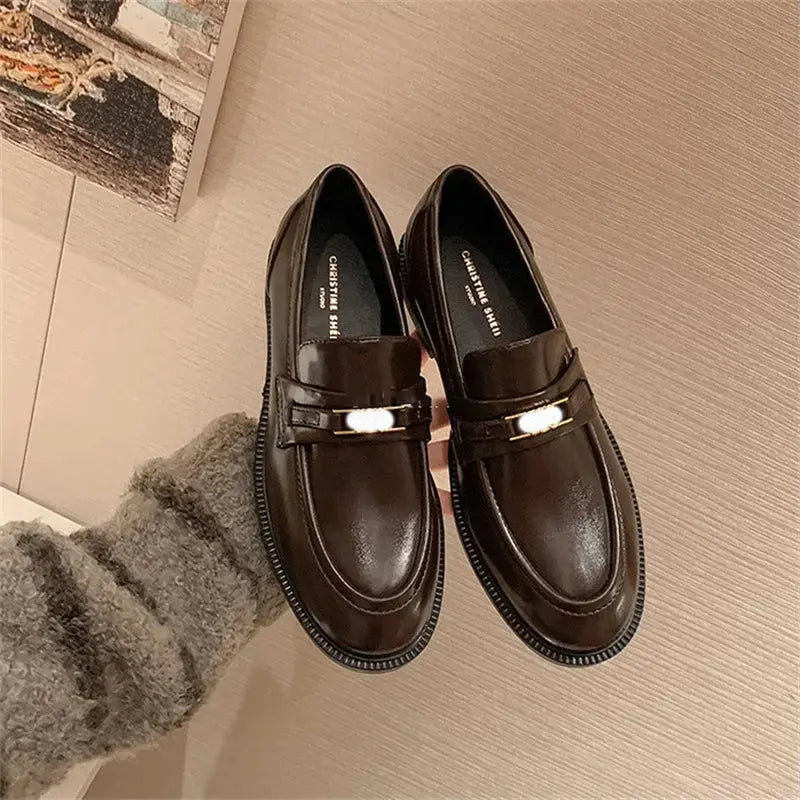 Spring New Women's Genuine Leather Shoes British Style Black Casual Shoes Banquet Office Wear Stylish Metal Design Loafers luxecrown.co.uk
