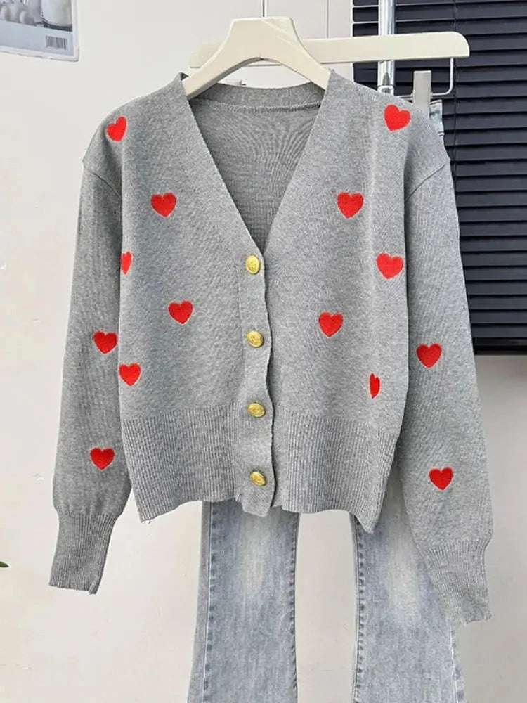 Sweater Women Knitted Coats Fashion V-neck Slim Versatile Heart Button Cardigan Autumn Office Lady Chic Long Sleeve Outerwear luxecrown.co.uk