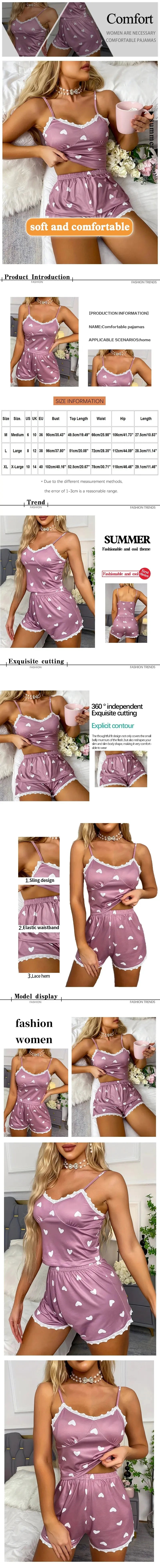 Women's Two-Piece V-Neck Suspender Lace Lace Printed Top and Shorts Women's Casual Printed Pajama Set luxecrown.co.uk
