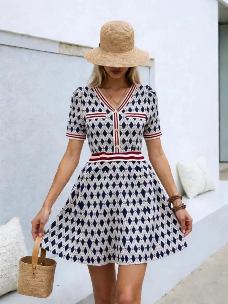 Women's V-Neck Short Sleeve Knit Dress Geometric Argyle Print Contrast Trim Flare Mini Dress Casual Summer Daily Party Dress luxecrown.co.uk