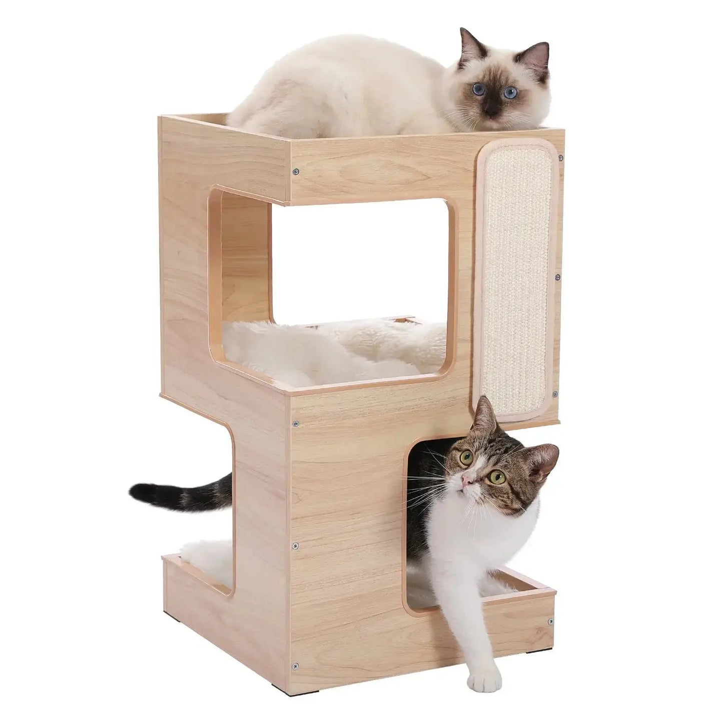 Wood Cat Condo House Bed with Removable Soft Mats Modern Cat Tree Tower with Scratching Pad Cat Scratcher Furniture Kitten Toys luxecrown.co.uk