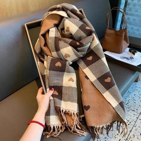 1 Women's Autumn and Winter Heart-Patterned Scarf, Women's Plaid Comfortable Scarf, Thick Large Blanket Shawl Scarf luxecrown.co.uk