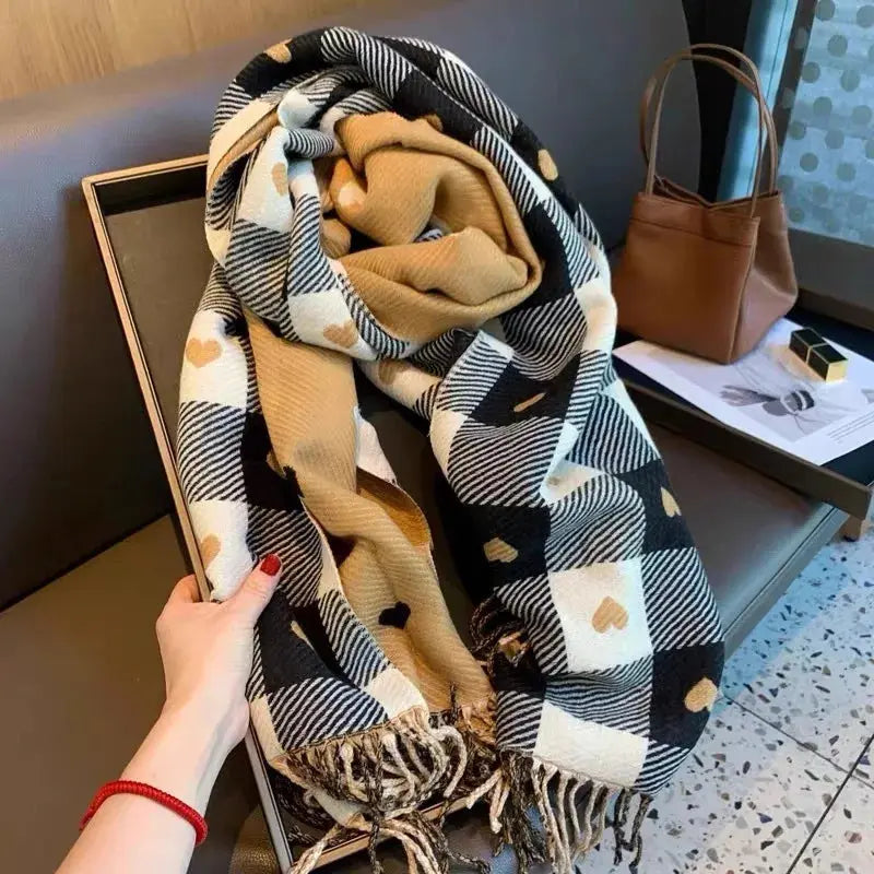 1 Women's Autumn and Winter Heart-Patterned Scarf, Women's Plaid Comfortable Scarf, Thick Large Blanket Shawl Scarf luxecrown.co.uk