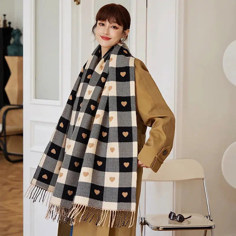 1 Women's Autumn and Winter Heart-Patterned Scarf, Women's Plaid Comfortable Scarf, Thick Large Blanket Shawl Scarf luxecrown.co.uk