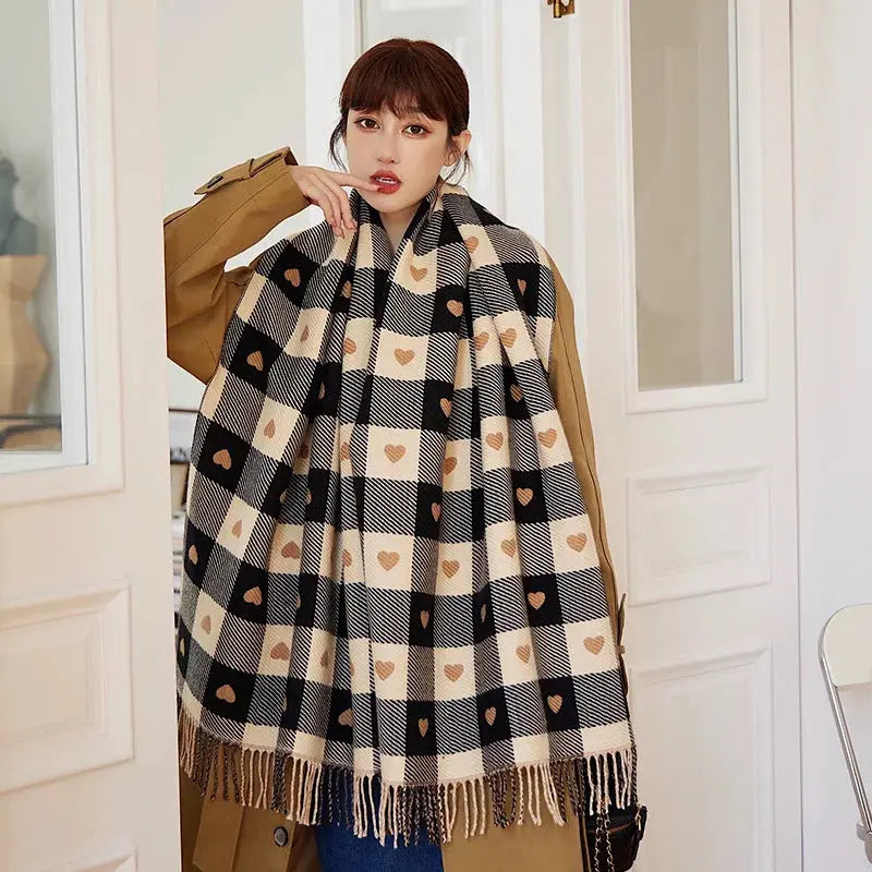 1 Women's Autumn and Winter Heart-Patterned Scarf, Women's Plaid Comfortable Scarf, Thick Large Blanket Shawl Scarf luxecrown.co.uk