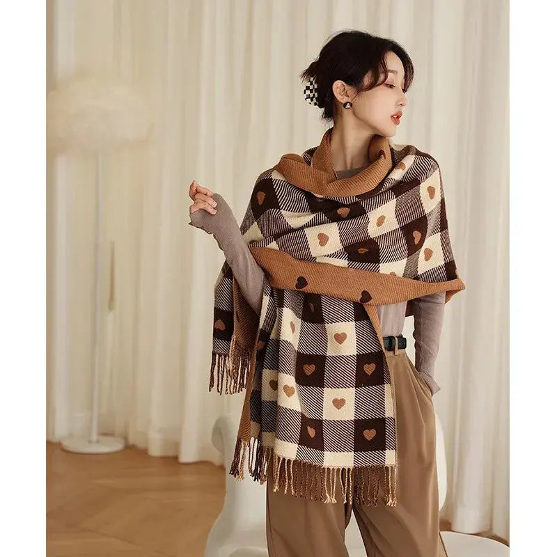 1 Women's Autumn and Winter Heart-Patterned Scarf, Women's Plaid Comfortable Scarf, Thick Large Blanket Shawl Scarf luxecrown.co.uk