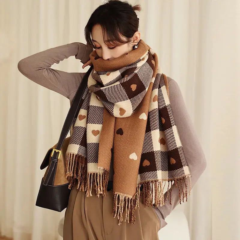 1 Women's Autumn and Winter Heart-Patterned Scarf, Women's Plaid Comfortable Scarf, Thick Large Blanket Shawl Scarf luxecrown.co.uk