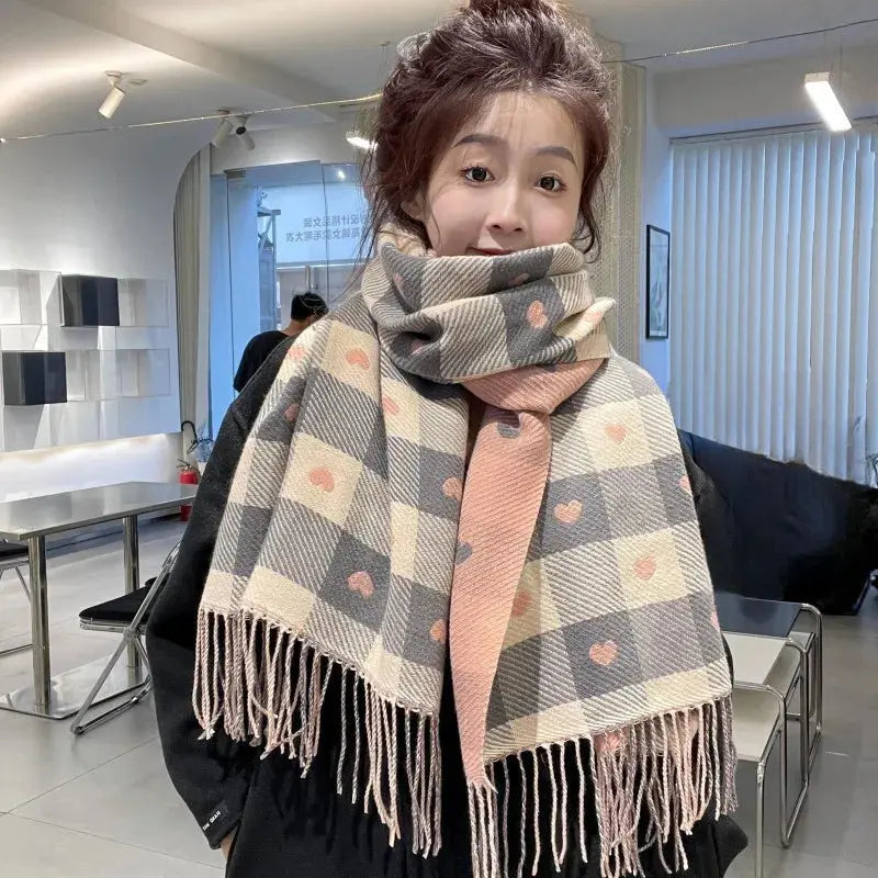1 Women's Autumn and Winter Heart-Patterned Scarf, Women's Plaid Comfortable Scarf, Thick Large Blanket Shawl Scarf luxecrown.co.uk