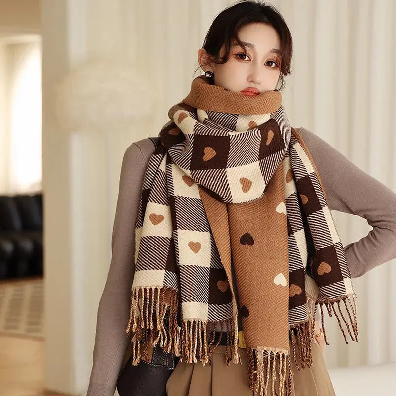 1 Women's Autumn and Winter Heart-Patterned Scarf, Women's Plaid Comfortable Scarf, Thick Large Blanket Shawl Scarf luxecrown.co.uk