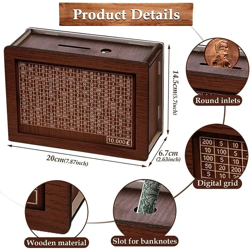 1000/2000/3000/5000/10000 Euro Money Box Wooden Piggy Bank Money Vault Savings Box Challenge Cash Storage Case Streetsharks