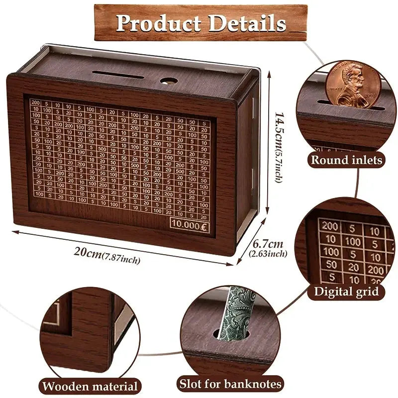 1000/2000/3000/5000/10000 Euro Money Box Wooden Piggy Bank Money Vault Savings Box Challenge Cash Storage Case Streetsharks
