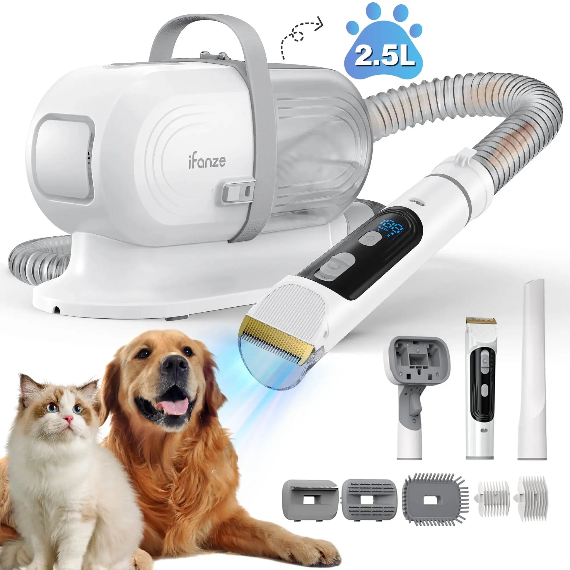 14Kpa Dog Grooming Kit & Vacuum, 2.5L Pet Hair Vacuum Suction 99% Pet Hair,3 Modes Suction Dog Grooming Clipper Kit,5 Pet Groomer Tools,Low Noise Pet Shedding Vacuum for Dogs Cats,White - Streetsharks