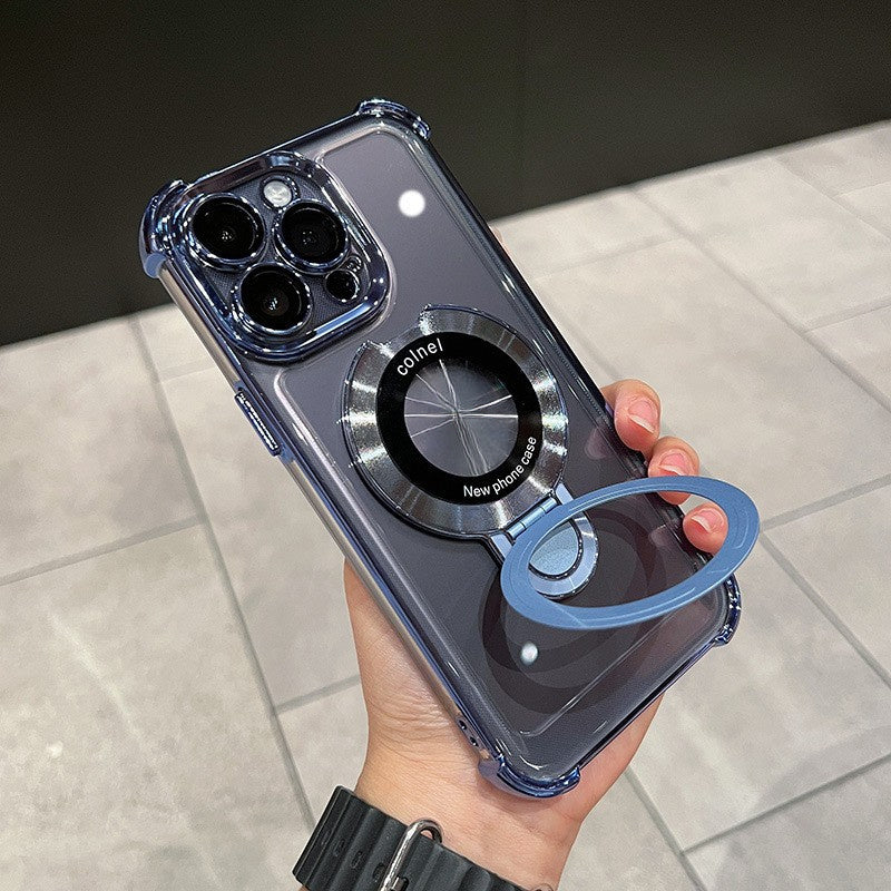 Four-Corner Anti-Drop Magnetic Case with Invisible Folding Ring Holder for iPhone 11/12/13/14/15/16 Series, Electroplated Transparent Full-Coverage Shell, Compatible with 11 Pro, Black-A DT Streetsharks