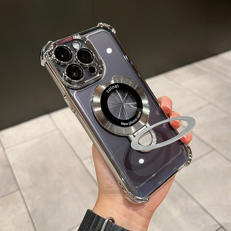 Four-Corner Anti-Drop Magnetic Case with Invisible Folding Ring Holder for iPhone 11/12/13/14/15/16 Series, Electroplated Transparent Full-Coverage Shell, Compatible with 11 Pro, Black-A DT Streetsharks