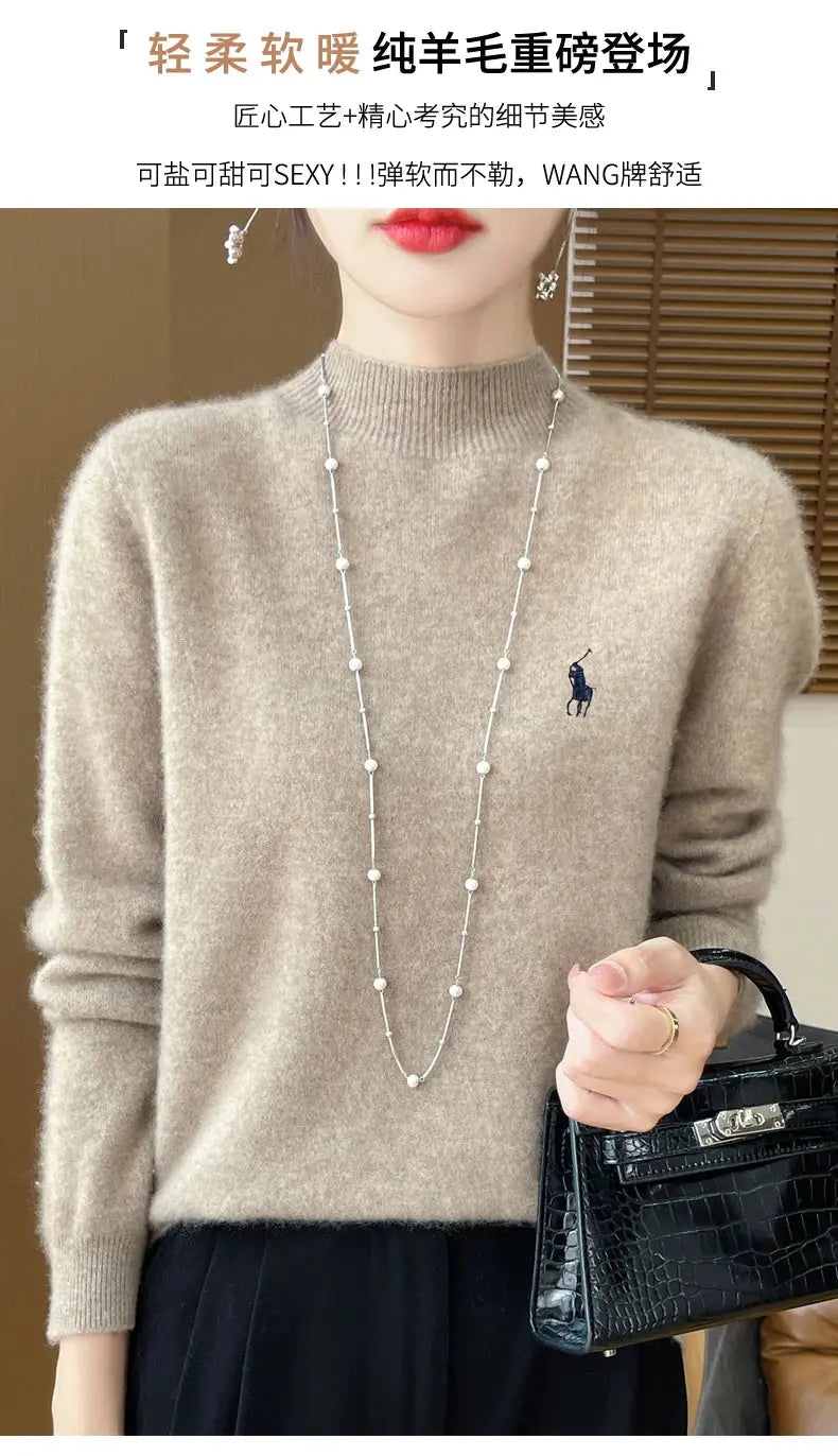 2024 Autumn/Winter Women's New Cashmere Hoodie Fashionable Embroidered Half High Neck Soft Cashmere Explosive100% Australianwool Streetsharks