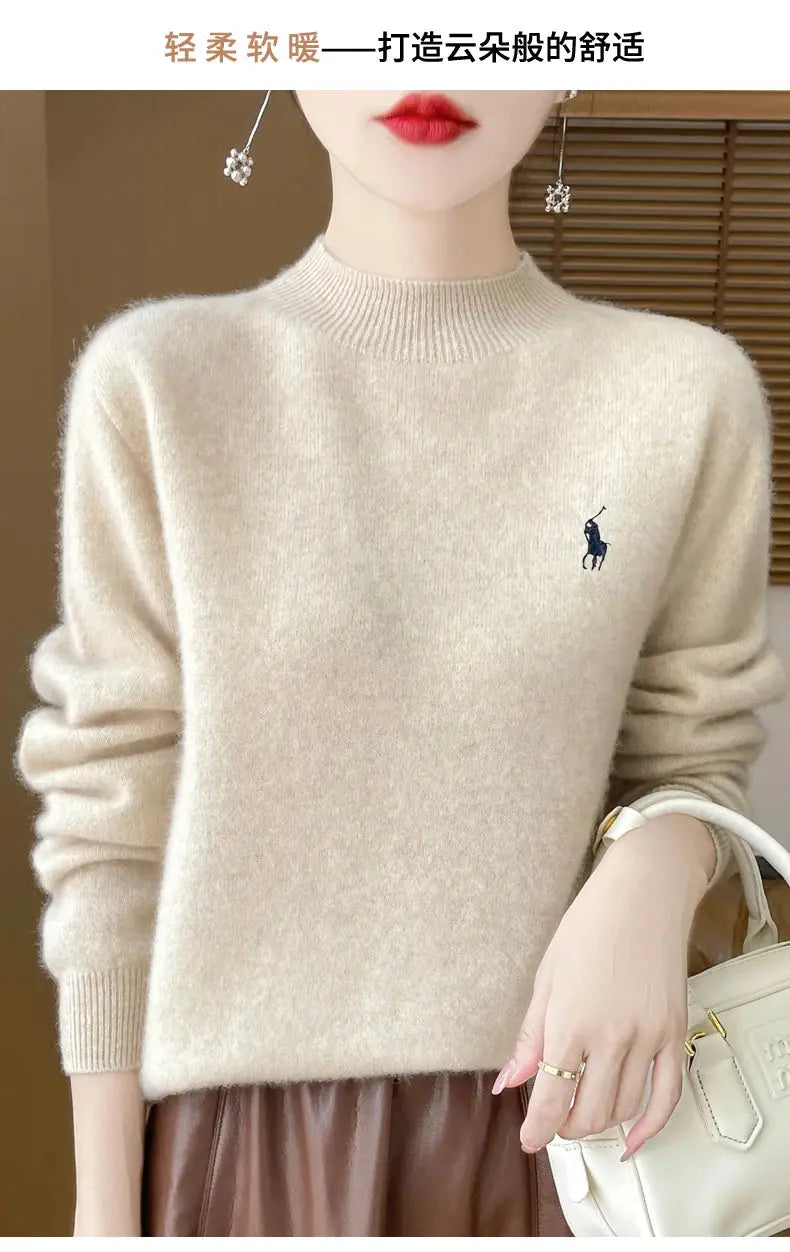 2024 Autumn/Winter Women's New Cashmere Hoodie Fashionable Embroidered Half High Neck Soft Cashmere Explosive100% Australianwool Streetsharks