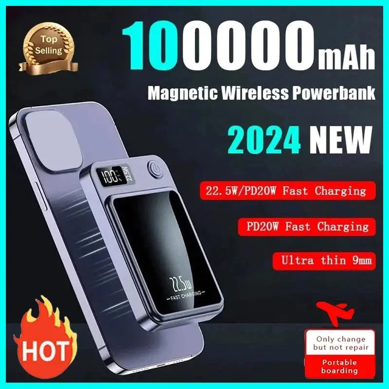 2024 New Wireless Power Bank 100000mAh  Magnetic Qi Portable Powerbank Type C Mini Fast Charger For iPhone Samsung Magsafe Streetsharks