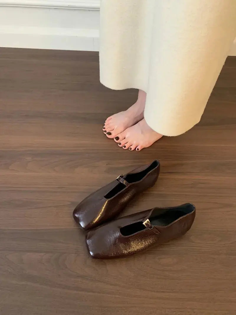 2025 Lightweight Summer French Retro Genuine Leather Shoes Minimalist Elegant Square Toe Flat Shoes Loafers Shoes Women luxecrown.co.uk