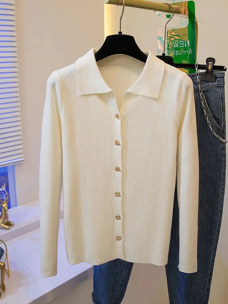 2026 Korean Style Fashion Autumn Winter Turn Down Collar Cardigan Knitted Sweater Casual Loose Long Sleeved Base Sweater Women luxecrown.co.uk