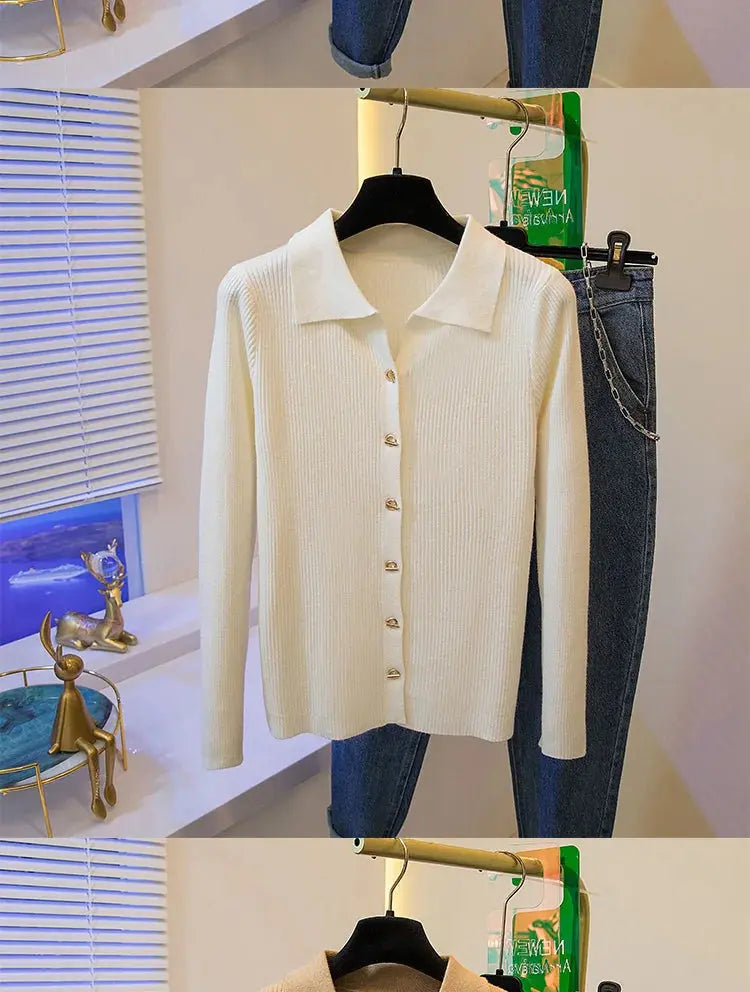 2026 Korean Style Fashion Autumn Winter Turn Down Collar Cardigan Knitted Sweater Casual Loose Long Sleeved Base Sweater Women luxecrown.co.uk