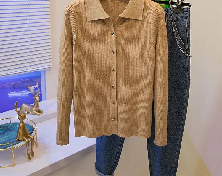 2026 Korean Style Fashion Autumn Winter Turn Down Collar Cardigan Knitted Sweater Casual Loose Long Sleeved Base Sweater Women luxecrown.co.uk
