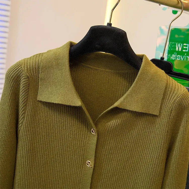 2026 Korean Style Fashion Autumn Winter Turn Down Collar Cardigan Knitted Sweater Casual Loose Long Sleeved Base Sweater Women luxecrown.co.uk