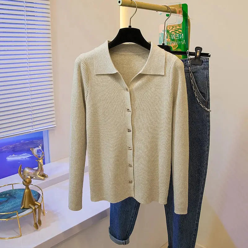 2026 Korean Style Fashion Autumn Winter Turn Down Collar Cardigan Knitted Sweater Casual Loose Long Sleeved Base Sweater Women luxecrown.co.uk