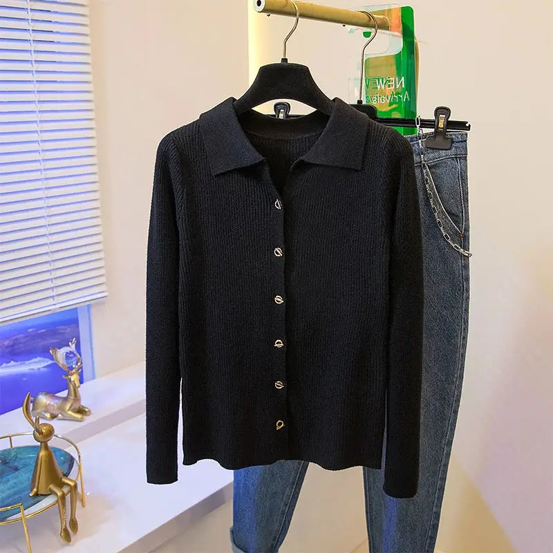 2026 Korean Style Fashion Autumn Winter Turn Down Collar Cardigan Knitted Sweater Casual Loose Long Sleeved Base Sweater Women luxecrown.co.uk