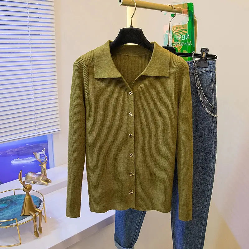 2026 Korean Style Fashion Autumn Winter Turn Down Collar Cardigan Knitted Sweater Casual Loose Long Sleeved Base Sweater Women luxecrown.co.uk