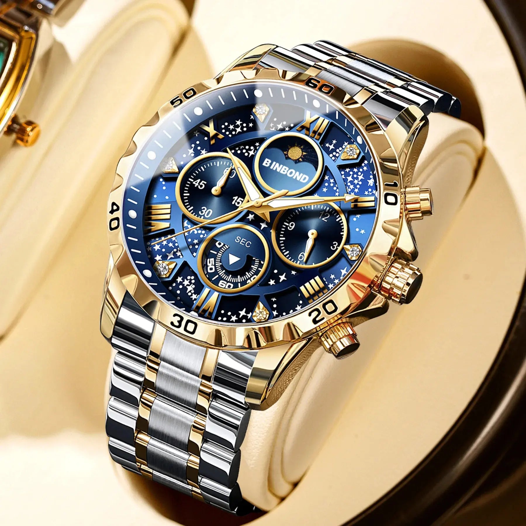 2026 Men Watch Light Luxury Business Steel Belt Moonphase Starry Night Light Waterproof Men's Fashion Quartz Clock Watches Gift luxecrown.co.uk