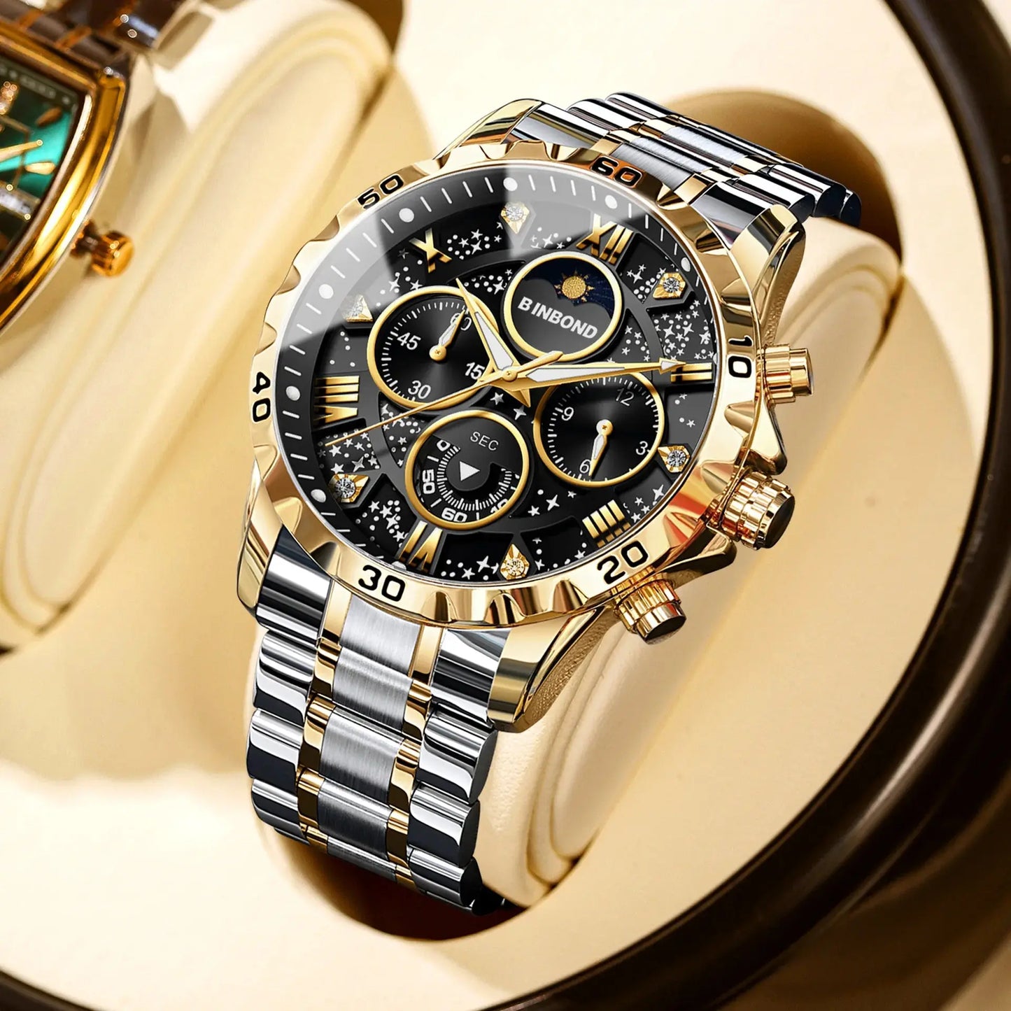 2026 Men Watch Light Luxury Business Steel Belt Moonphase Starry Night Light Waterproof Men's Fashion Quartz Clock Watches Gift luxecrown.co.uk