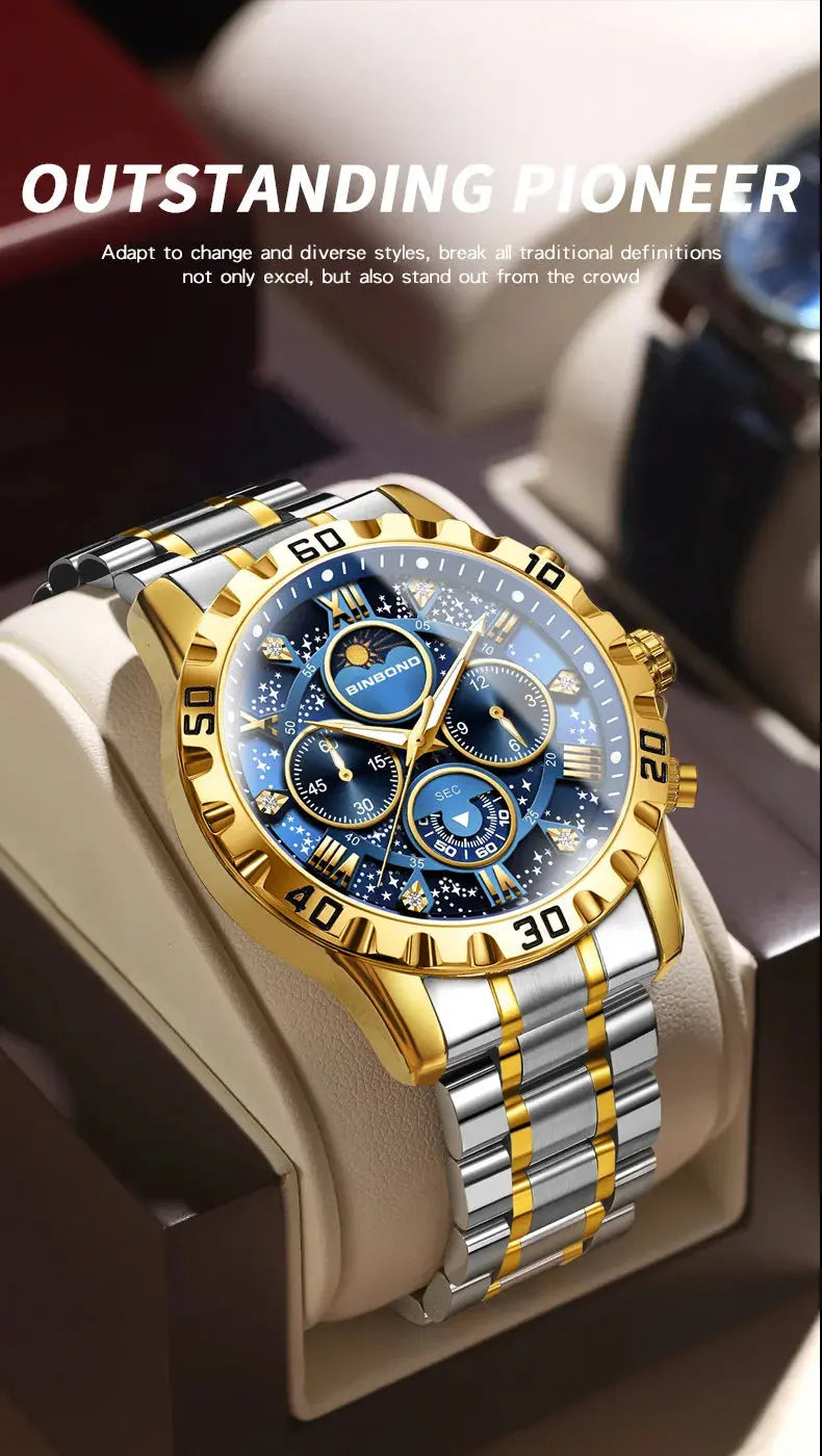 2026 Men Watch Light Luxury Business Steel Belt Moonphase Starry Night Light Waterproof Men's Fashion Quartz Clock Watches Gift luxecrown.co.uk