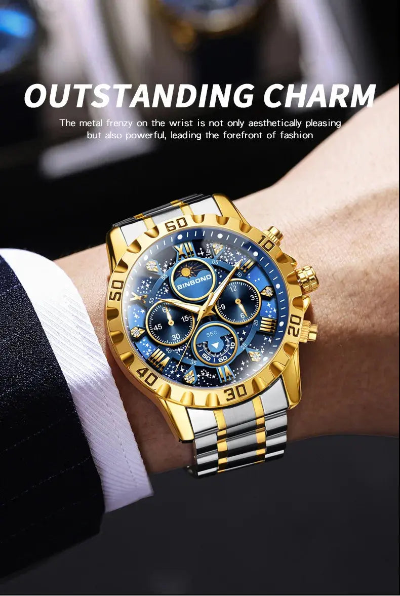 2026 Men Watch Light Luxury Business Steel Belt Moonphase Starry Night Light Waterproof Men's Fashion Quartz Clock Watches Gift luxecrown.co.uk