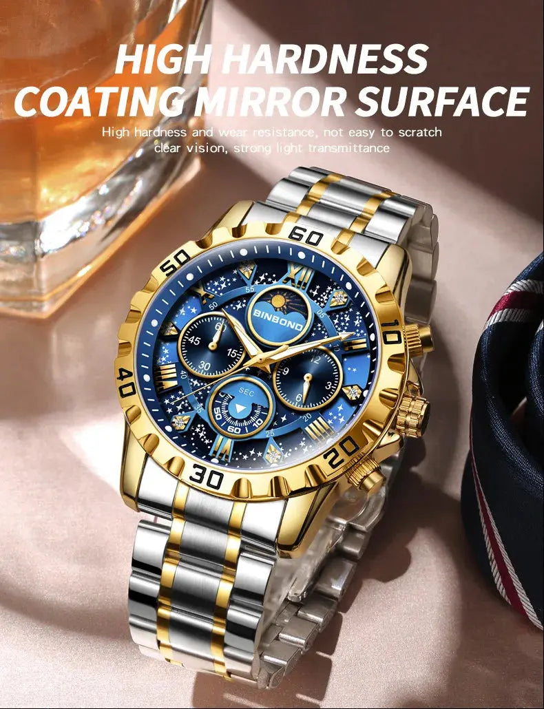2026 Men Watch Light Luxury Business Steel Belt Moonphase Starry Night Light Waterproof Men's Fashion Quartz Clock Watches Gift luxecrown.co.uk
