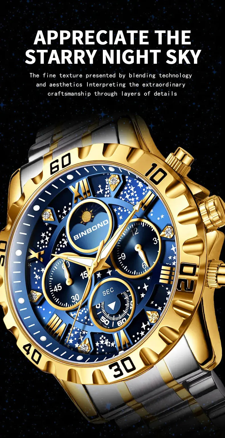 2026 Men Watch Light Luxury Business Steel Belt Moonphase Starry Night Light Waterproof Men's Fashion Quartz Clock Watches Gift luxecrown.co.uk