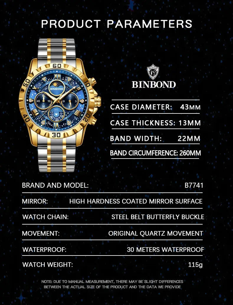2026 Men Watch Light Luxury Business Steel Belt Moonphase Starry Night Light Waterproof Men's Fashion Quartz Clock Watches Gift luxecrown.co.uk