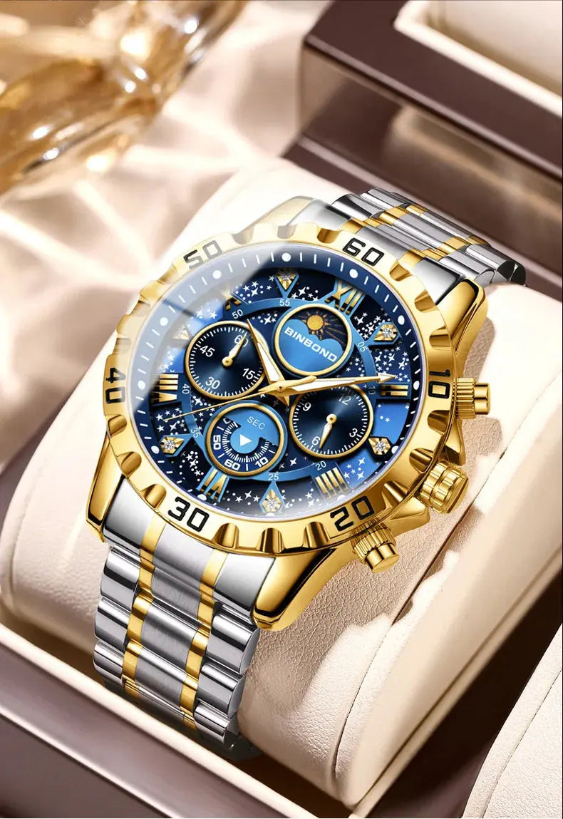 2026 Men Watch Light Luxury Business Steel Belt Moonphase Starry Night Light Waterproof Men's Fashion Quartz Clock Watches Gift luxecrown.co.uk
