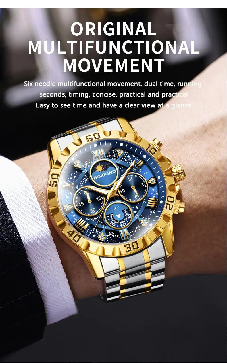 2026 Men Watch Light Luxury Business Steel Belt Moonphase Starry Night Light Waterproof Men's Fashion Quartz Clock Watches Gift luxecrown.co.uk