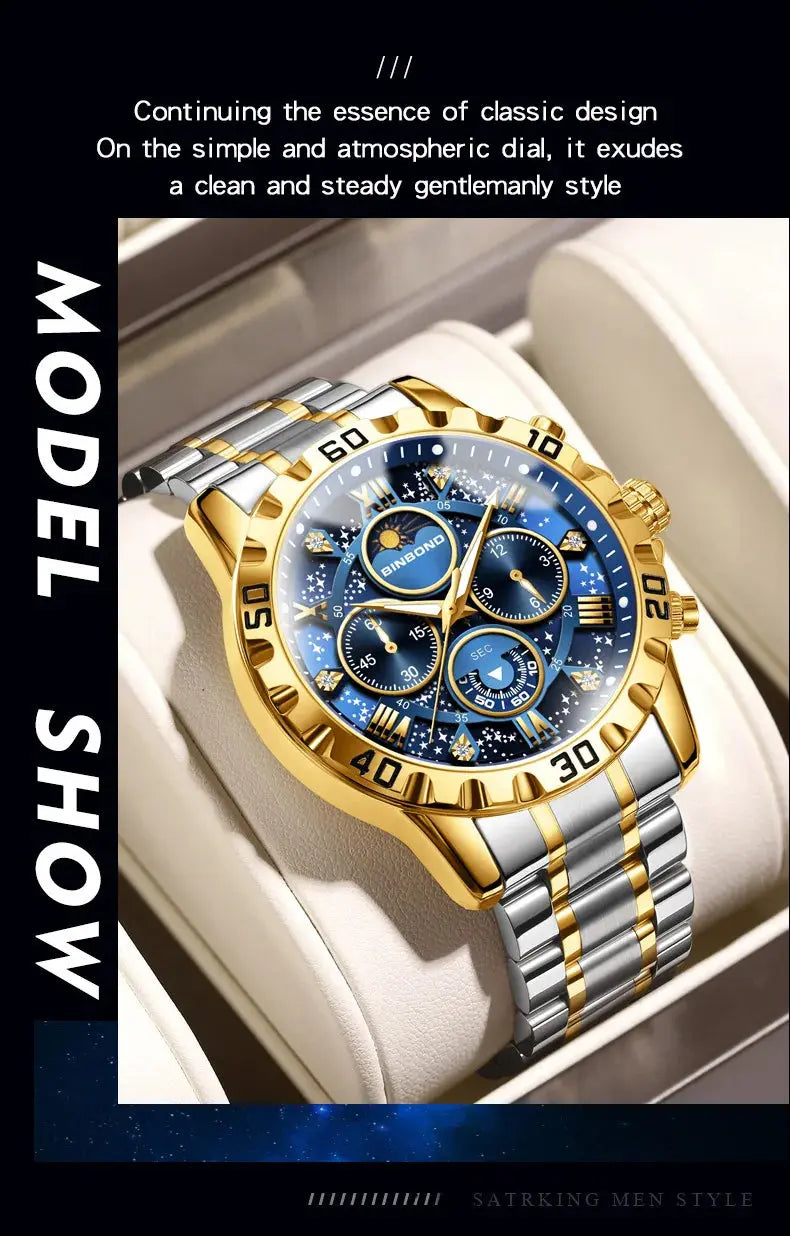 2026 Men Watch Light Luxury Business Steel Belt Moonphase Starry Night Light Waterproof Men's Fashion Quartz Clock Watches Gift luxecrown.co.uk