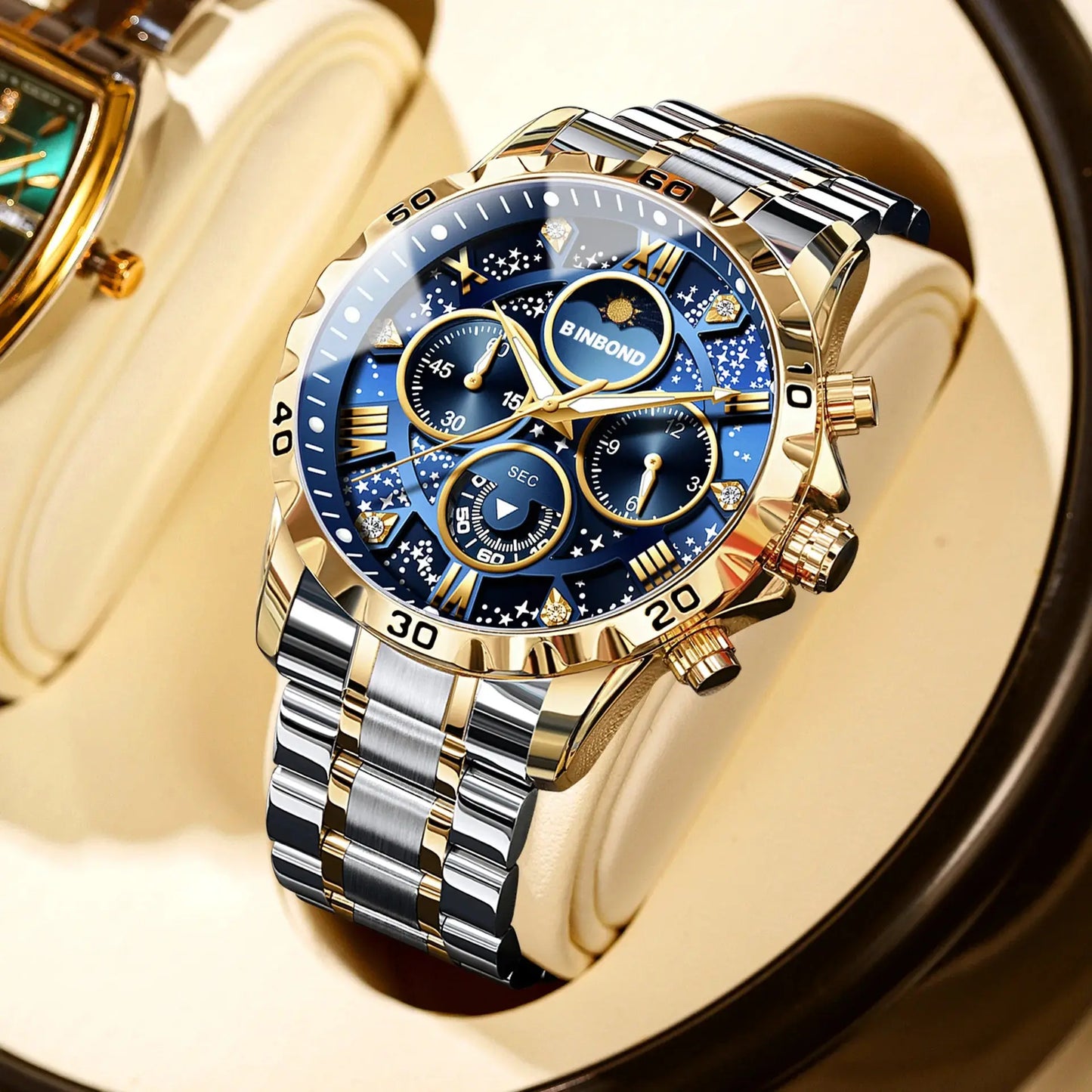 2026 Men Watch Light Luxury Business Steel Belt Moonphase Starry Night Light Waterproof Men's Fashion Quartz Clock Watches Gift luxecrown.co.uk