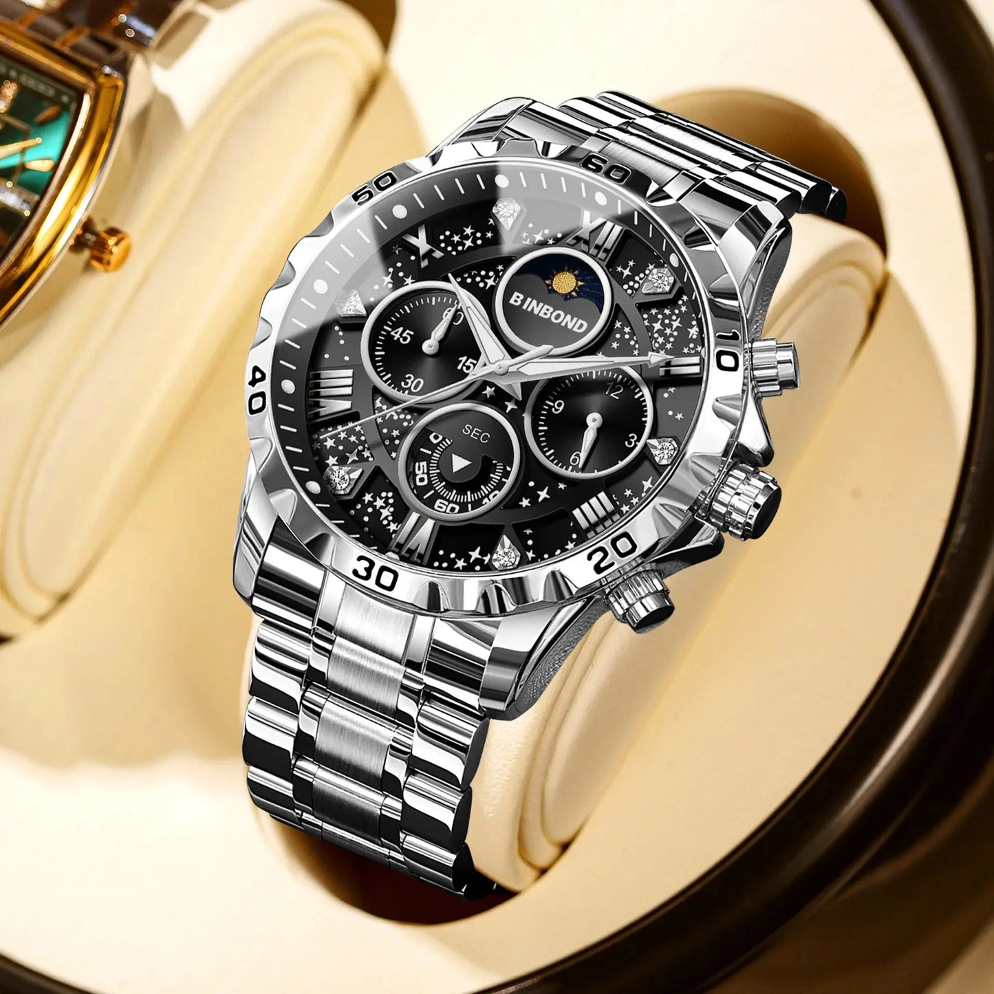 2026 Men Watch Light Luxury Business Steel Belt Moonphase Starry Night Light Waterproof Men's Fashion Quartz Clock Watches Gift luxecrown.co.uk