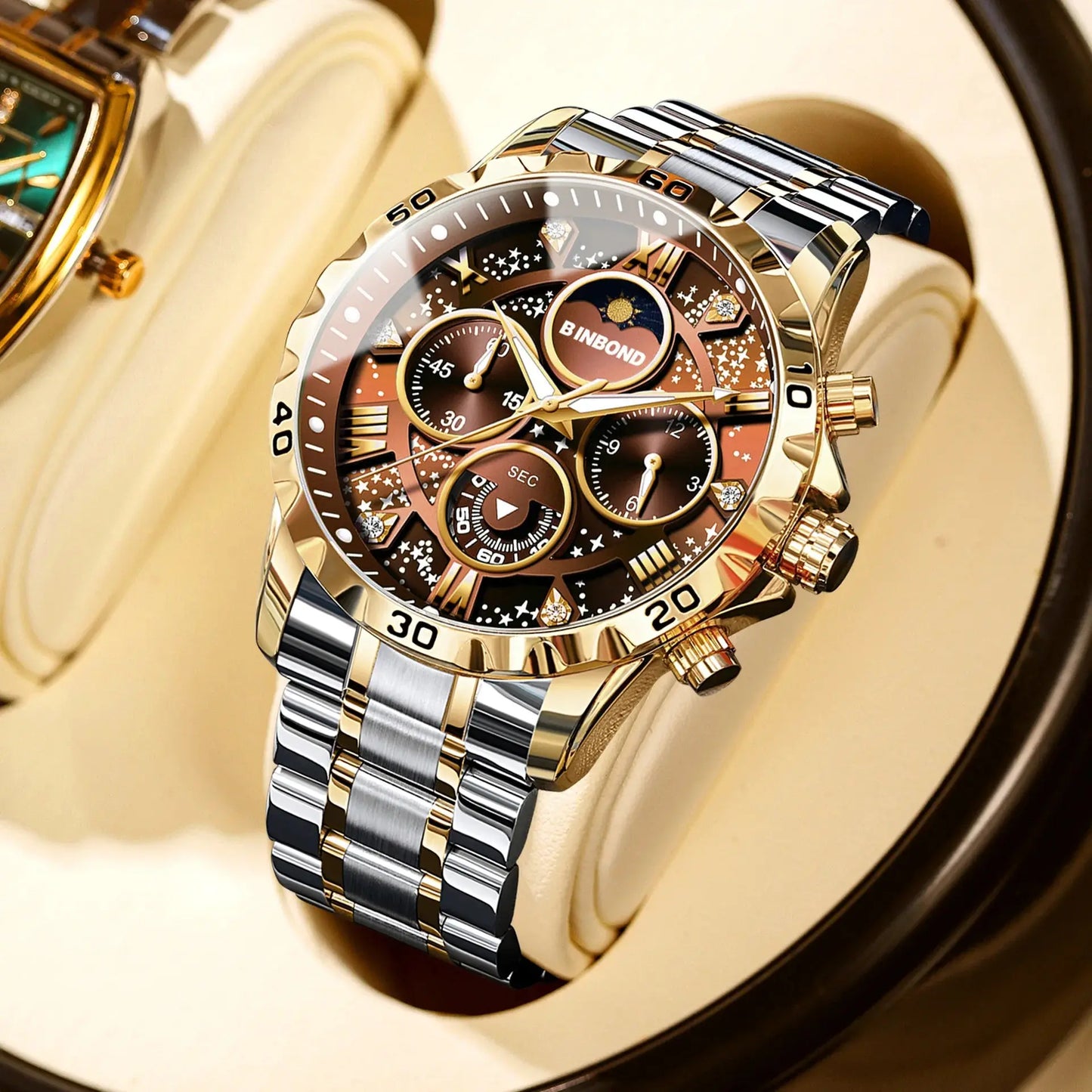 2026 Men Watch Light Luxury Business Steel Belt Moonphase Starry Night Light Waterproof Men's Fashion Quartz Clock Watches Gift luxecrown.co.uk