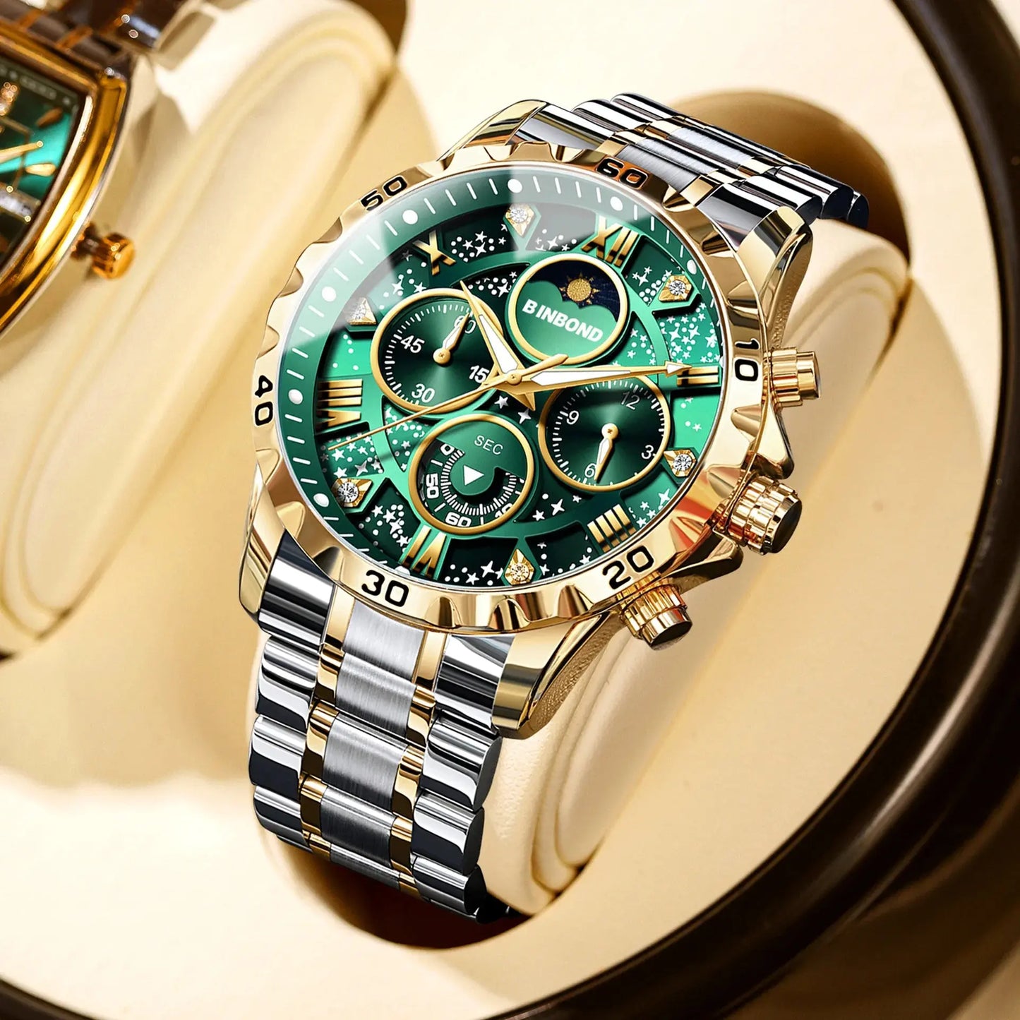 2026 Men Watch Light Luxury Business Steel Belt Moonphase Starry Night Light Waterproof Men's Fashion Quartz Clock Watches Gift luxecrown.co.uk