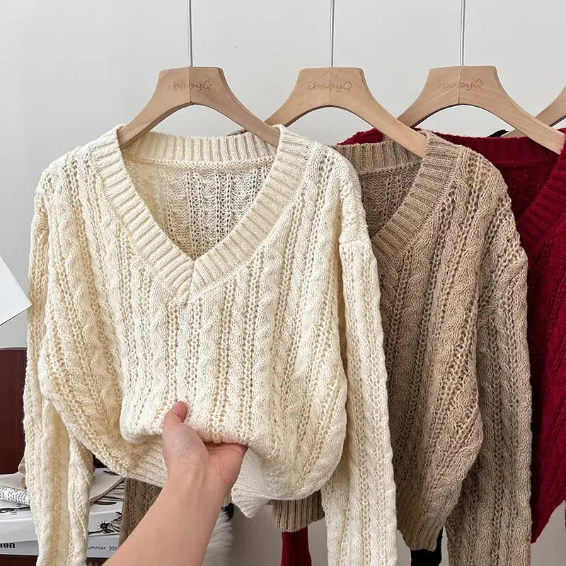2026 New Autumn Winter Loose Casual Knitwear V-neck Long Sleeve Knitted Sweaters Twist Hollow Out Crochet Short Pullover Tops luxecrown.co.uk