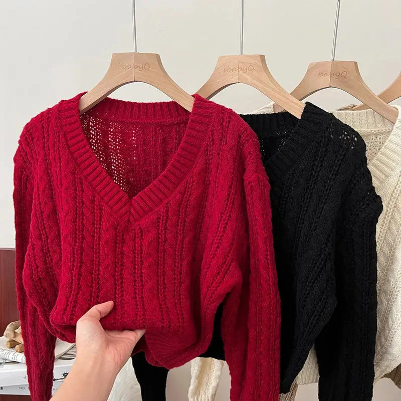 2026 New Autumn Winter Loose Casual Knitwear V-neck Long Sleeve Knitted Sweaters Twist Hollow Out Crochet Short Pullover Tops luxecrown.co.uk