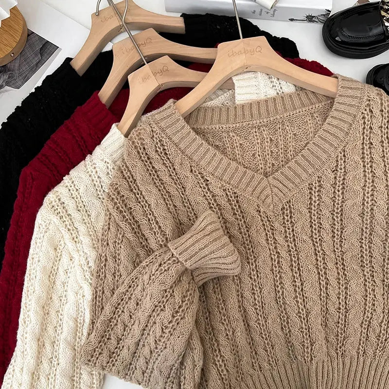 2026 New Autumn Winter Loose Casual Knitwear V-neck Long Sleeve Knitted Sweaters Twist Hollow Out Crochet Short Pullover Tops luxecrown.co.uk