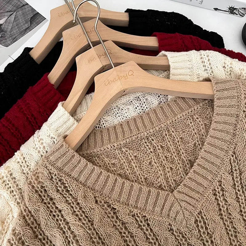 2026 New Autumn Winter Loose Casual Knitwear V-neck Long Sleeve Knitted Sweaters Twist Hollow Out Crochet Short Pullover Tops luxecrown.co.uk