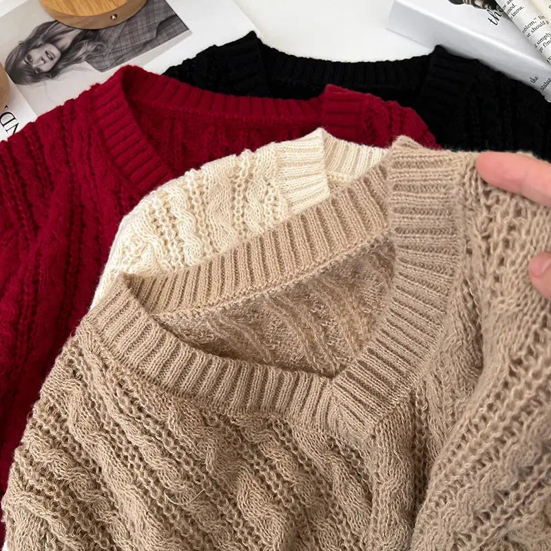 2026 New Autumn Winter Loose Casual Knitwear V-neck Long Sleeve Knitted Sweaters Twist Hollow Out Crochet Short Pullover Tops luxecrown.co.uk