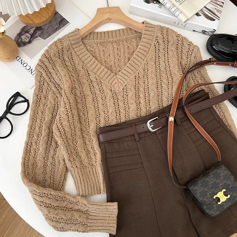 2026 New Autumn Winter Loose Casual Knitwear V-neck Long Sleeve Knitted Sweaters Twist Hollow Out Crochet Short Pullover Tops luxecrown.co.uk